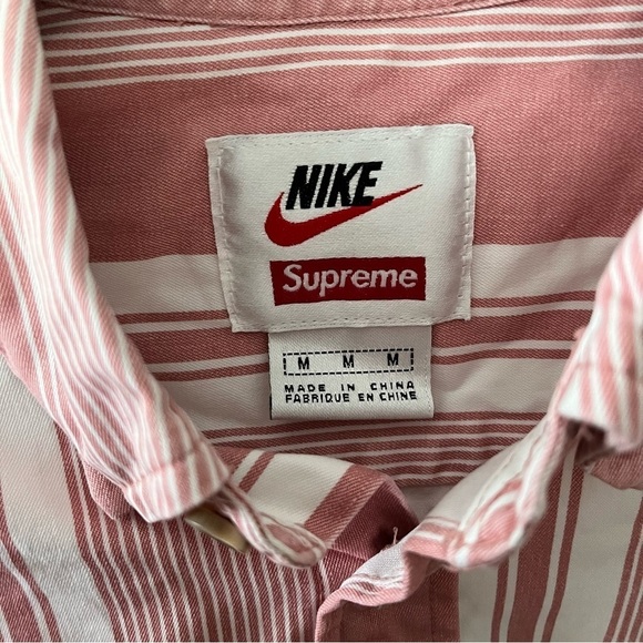 NIKE x SUPREME sz M Long Sleeve Button Down Shirt Red White Striped - Picture 3 of 9